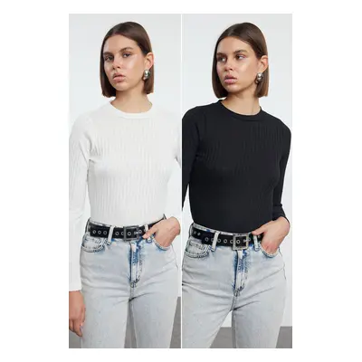 Trendyol Black-Ecru Pack Crew Neck Regular/Normal Fit Knitted Blouse