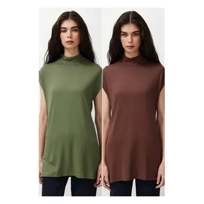 Trendyol Brown-Khaki 2-Pack Stand Collar Sleeveless Undershirt Tunic Lining