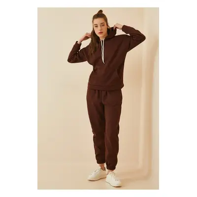 Happiness İstanbul Women's Dark Brown Hooded Fleece Tracksuit