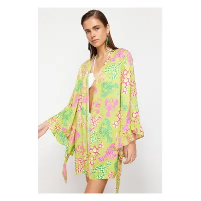 Trendyol Underwater Lobster Patterned Belted Mini Woven Ruffle Kimono&Caftan