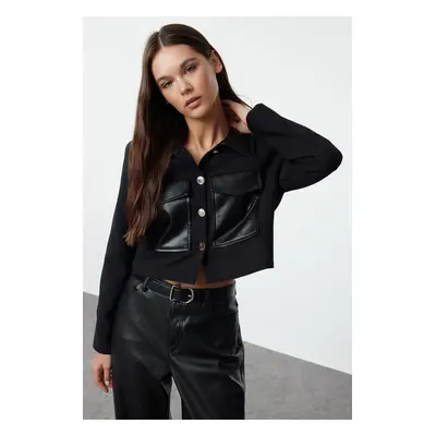 Trendyol Black Shirt Collar Lined Leather Detailed Short/Crop Jacket