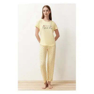 Trendyol Yellow Cherry Patterned Slogan Printed Knitted Pajamas Set