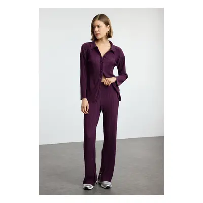 Trendyol Plum Pleated Oversize/Wide Pattern Buttoned Knitted Top-Bottom Set