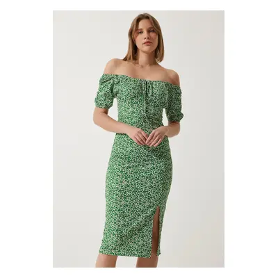 Happiness İstanbul Women's Green Patterned Gathered Knitted Dress