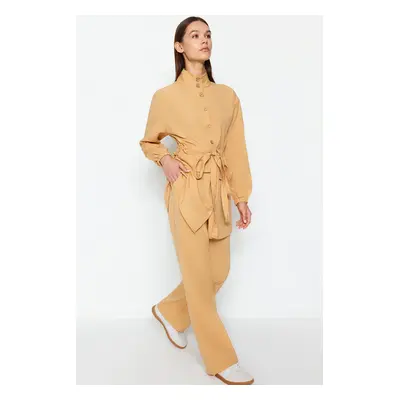 Trendyol Dark Beige High Neck Belted Shirt-Pants Woven Suit