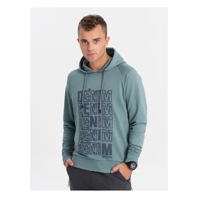 Ombre Men's non-stretch kangaroo sweatshirt with hood and print - turquoise