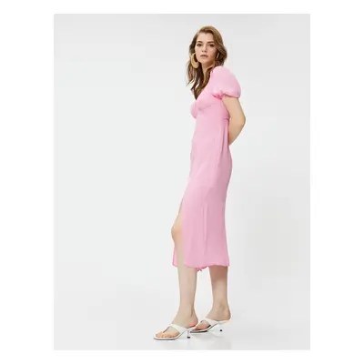 Koton Gimped Balloon Sleeve Slit Midi Dress