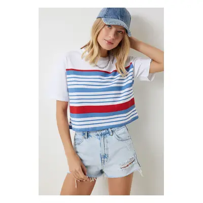 Happiness İstanbul Women's White Blue Crew Neck Striped Knitted T-Shirt