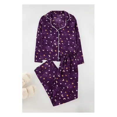 Trendyol Purple Galaxy Patterned Viscose Woven Pajama Set