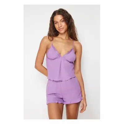 Trendyol Purple Lace and Ruffle Detail Woven Pajama Set with Rope Straps