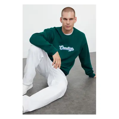 Trendyol Emerald Green Oversize/Wide Cut Text Embroidered Inside Polar Fleece Sweatshirt