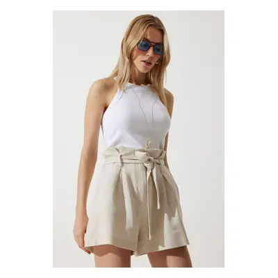 Happiness İstanbul Women's Cream High Waist Belted Linen Shorts