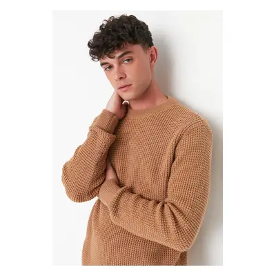 Trendyol Camel Regular Fit Woolen Crew Neck Textured Basic Knitwear Sweater