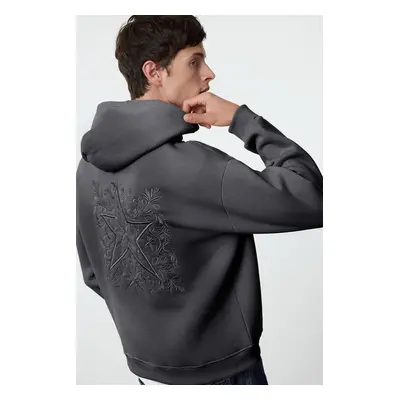 Trendyol Anthracite Oversize/Wide Cut Back Embroidered Detailed Hooded Sweatshirt