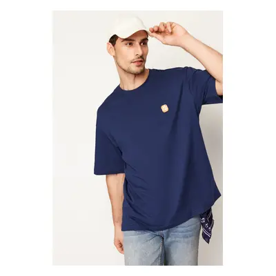 Trendyol Navy Blue Oversize/Wide Cut Short Sleeve Embroidered 100% Cotton T-Shirt