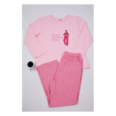 Trendyol Curve Pink Striped Crew Neck Knitted Pajama Set