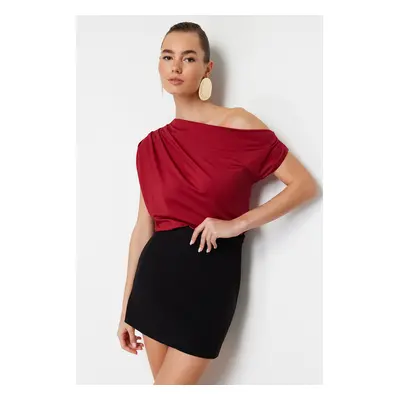 Trendyol Claret Red Regular/Normal Fit Asymmetric Collar Zero Sleeve Stretch Knitted Blouse