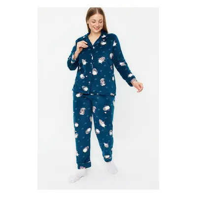 Trendyol Curve Oil Penguin Patterned Shirt Collar Knitted Pajama Set