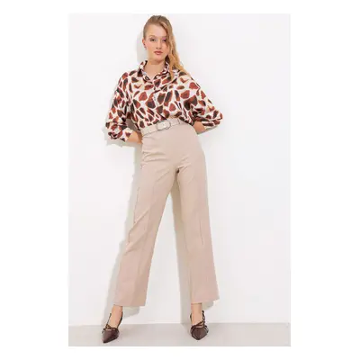 Bigdart Women's Beige High Waist Fabric Trousers