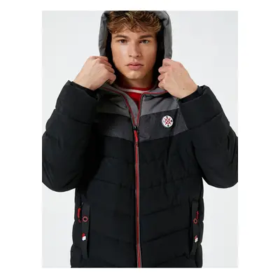 Koton Down Jacket Hooded Printed Color Block Zippered Pocket