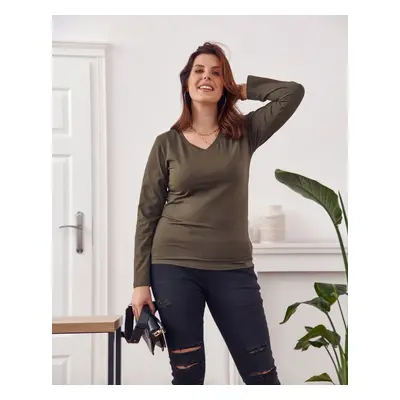 Halenka Plus Size khaki s dlouhým rukávem