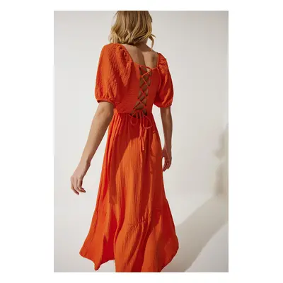 Happiness İstanbul Women's Orange Heart Collar Textured Summer Knitted Dress