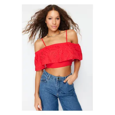 Trendyol Garnet Blossom Brode Crop Woven Blouse