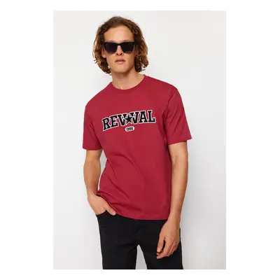 Trendyol Claret Red Oversize/Wide Cut Text Embroidery Applique 100% Cotton Short Sleeve T-Shirt