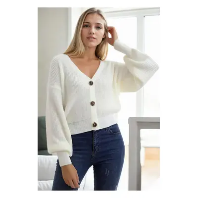 23325 Dewberry Button V-Neck Women Cardigan-WHITE