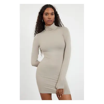 Trendyol Mink Plain Polyamide Bodycone/Fitting High Collar Stretchy Knitted Dress