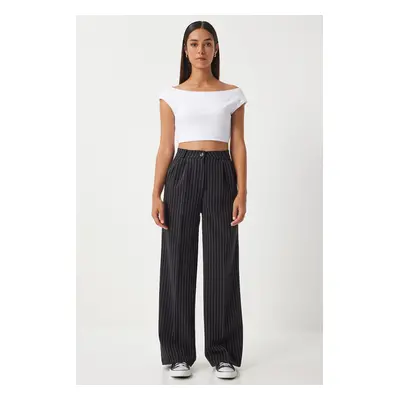 Happiness İstanbul Women's Black Thin Striped Masculine Palazzo Trousers