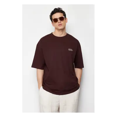 Trendyol Brown Oversize/Wide Cut 100% Cotton Minimal Text Printed T-Shirt