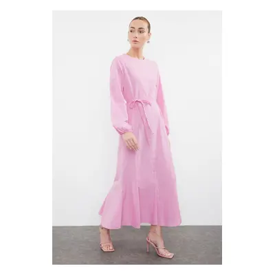 Trendyol Pink Knitted Belted Woven Cotton Dress