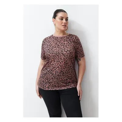 Trendyol Curve Brown Animal Pattern Boyfriend Knitted T-shirt