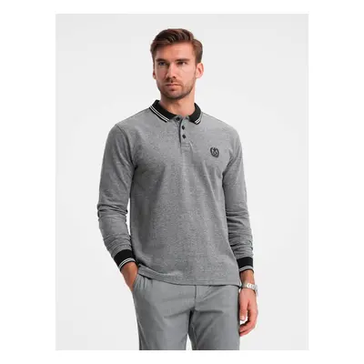 Ombre Men's melange polo longsleeve with embroidery - black melange