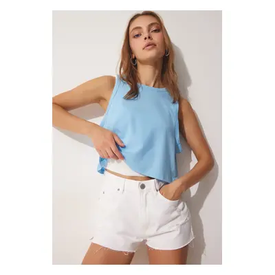 Happiness İstanbul Women's Sky Blue Cotton Halter Neck Crop T-Shirt