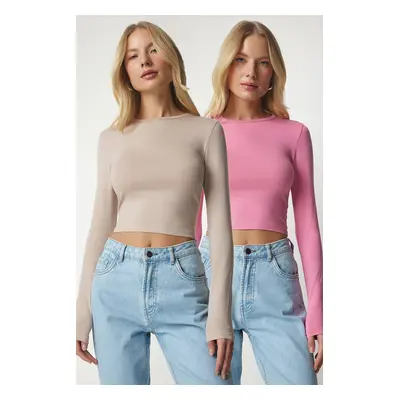 Happiness İstanbul Women's Pink Beige Basic 2-Pack Knitted Crop Blouse