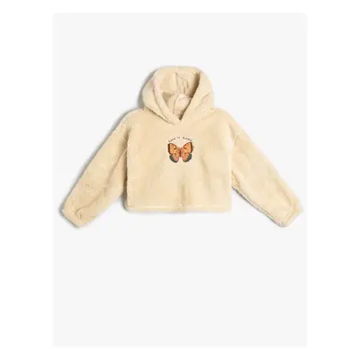 Koton Plush Hooded Sweatshirt Butterfly Embroidered Long Sleeve