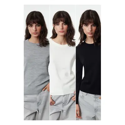 Trendyol Black-Grey-Ecru Crew Neck Basic Triple Pack Knitwear Sweater