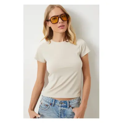 Happiness İstanbul Women's Cream Crew Neck Basic Sandy T-Shirt