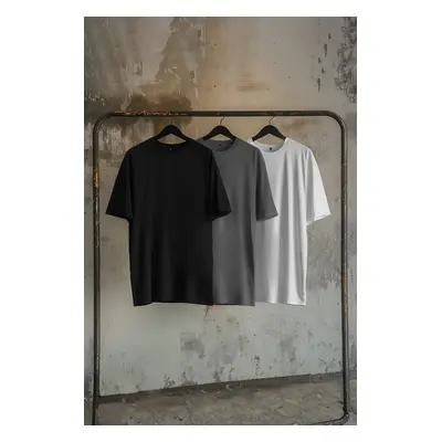 Trendyol Black-Anthracite-Ecru Oversize/Wide Cut 3-Pack 100% T-Shirt