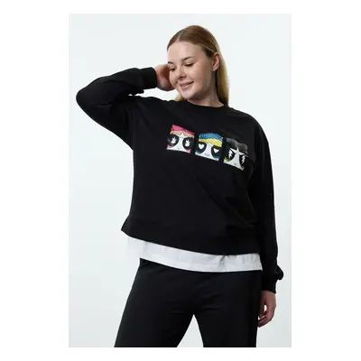 Trendyol Curve Black Powerpuff Girls Licensed Crew Neck Knitted Plus Size Sweatshirt