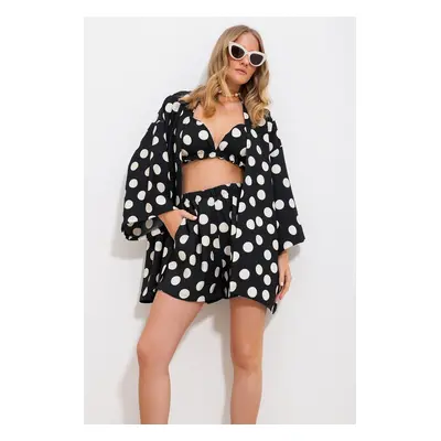 Trend Alaçatı Stili Women's Black Bustier And Shorts 3-Piece Kimono Suit