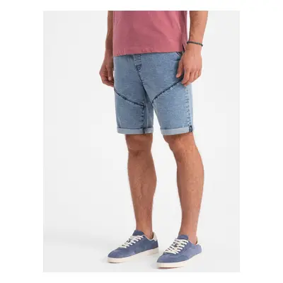 Ombre Turn-up denim men's short shorts with stitching - light blue