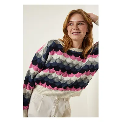 Happiness İstanbul Cream Pink Textured Seasonal Knitwear Sweater