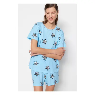 Trendyol Blue 100% Cotton Star Patterned T-shirt-Shorts Knitted Pajama Set