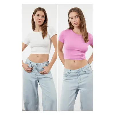 Trendyol Premium Pink-Ecru Pack Crop Viscose/Soft Fabric Stretchy Knitted Blouse