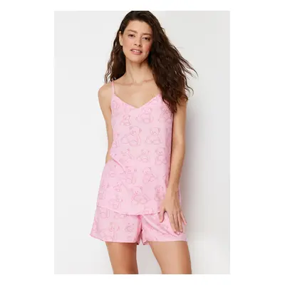 Trendyol Pink Teddy Bear Rope Suspender Viscose Shorts Woven Pajama Set