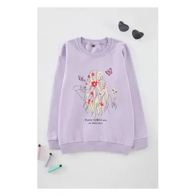 Trendyol Lilac Girl Printed Crew Neck Knitted Sweatshirt