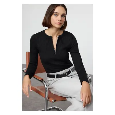 Trendyol Black Basic Half Placket Zipper Thin Knit Sweater